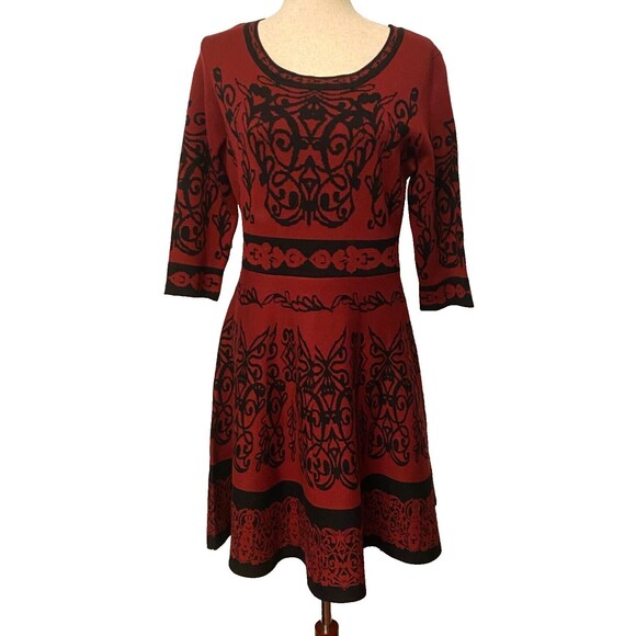 NEW TAYLOR Fit n Flare Sweater Dress Lg Burgundy Red Black Floral Celtic Gothic - Picture 1 of 11